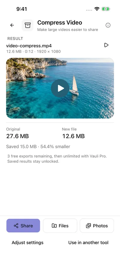 Vauli Compress Video result: Coastal-Sailing exported as video-compress.mp4 (12.6 MB · 0:12 · 1920 × 1080), Original 27.6 MB, New file 12.6 MB, Saved 15.0 MB · 54.4% smaller, with Share, Files and Photos buttons