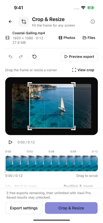 Vauli Crop & Resize: a square crop frame with corner handles over a landscape sailing clip, above a frame strip