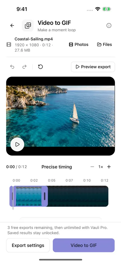Vauli Video to GIF with Coastal-Sailing.mp4 (1920 × 1080, 0:12, 27.6 MB): the clip preview, Precise timing and a frame strip with the selected range, and a Video to GIF button