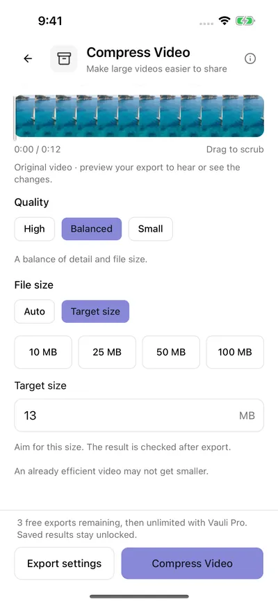 Vauli Compress Video with File size set to Target size: quick sizes 10, 25, 50 and 100 MB, Target size 13 MB, and the notes “Aim for this size. The result is checked after export.” and “An already efficient video may not get smaller.”