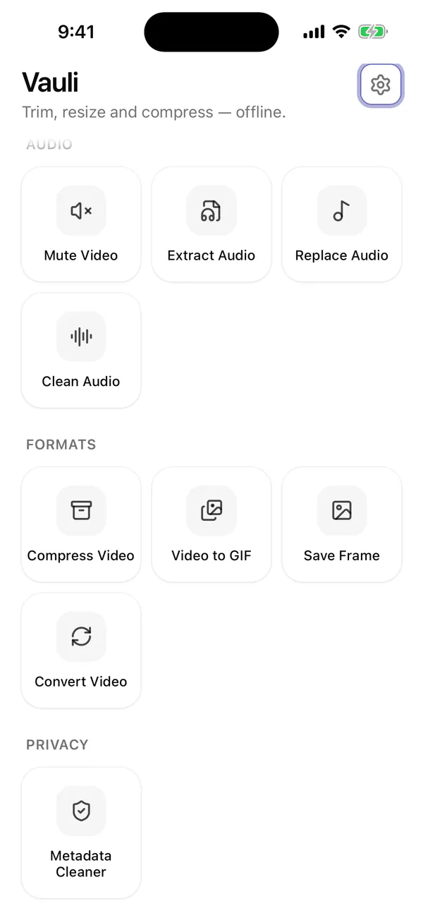 Vauli Home screen in the iPhone Simulator with the Compress Video tool in the Formats group