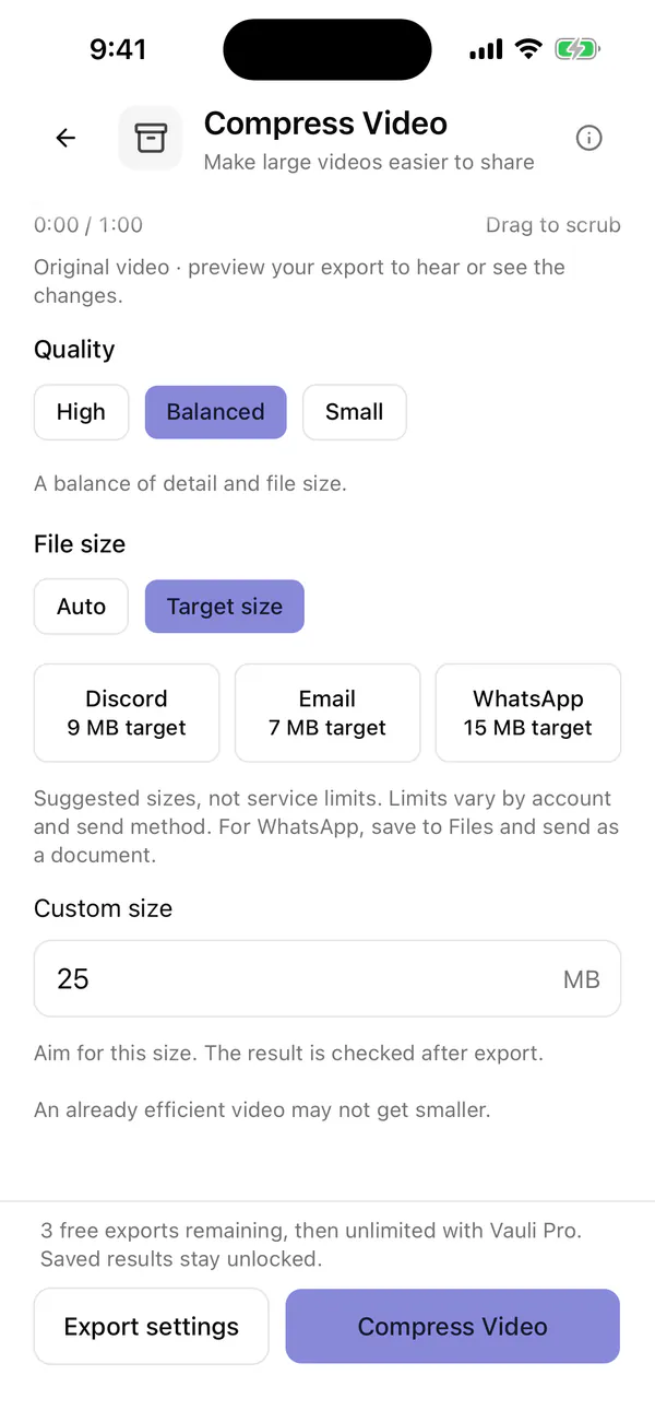 Vauli Compress Video screen in the iPhone Simulator with a sample clip loaded, Quality set to Balanced, File size set to Target size, the Discord, Email and WhatsApp suggested sizes, 25 MB typed in Custom size, and the Compress Video button