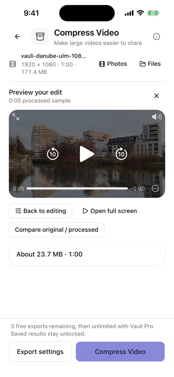 Vauli Preview your edit screen in the iPhone Simulator showing a 0:05 processed sample of the compressed clip with the Compare original / processed button