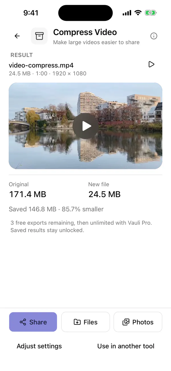 Vauli compression result in the iPhone Simulator for the sample clip, with the Original and New file sizes and the Saved, percent smaller line