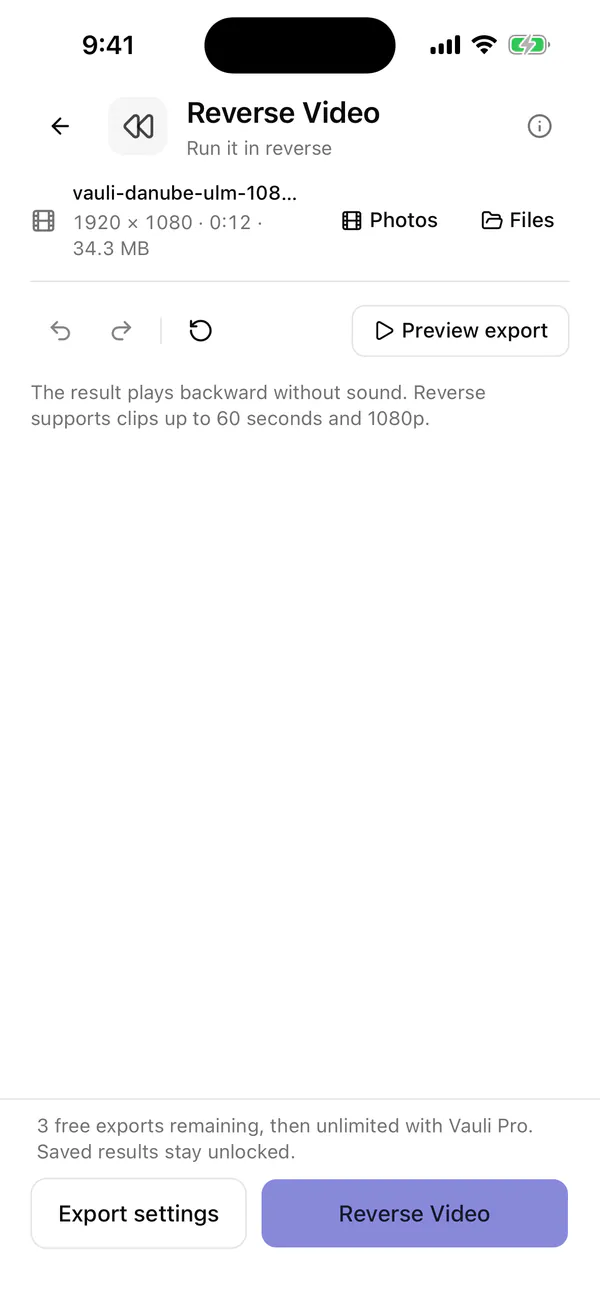 Vauli Reverse Video screen in the iPhone Simulator with a sample clip loaded and the note that the result plays backward without sound and that Reverse supports clips up to 60 seconds and 1080p