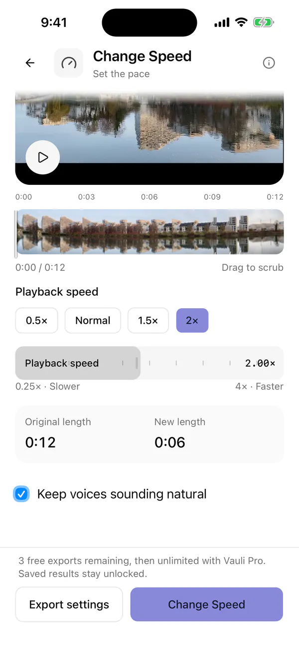 Vauli Change Speed screen in the iPhone Simulator with a 12-second sample clip loaded, the 2× preset selected among 0.5×, Normal, 1.5× and 2×, the slider at 2.00× between 0.25× Slower and 4× Faster, a card showing Original length 0:12 and New length 0:06, Keep voices sounding natural checked, and the free exports line above the Export settings and Change Speed buttons