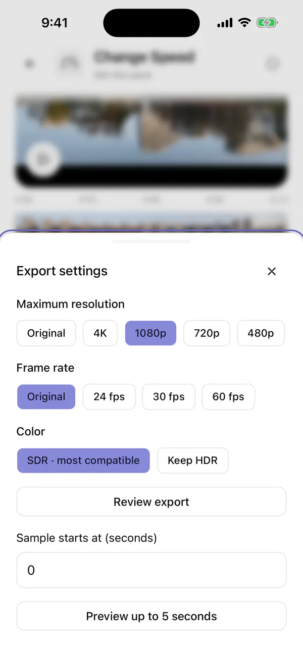 Vauli Export settings panel in the iPhone Simulator with Maximum resolution on 1080p, Frame rate on Original, Color on SDR · most compatible, the Review export button, the Sample starts at (seconds) field and Preview up to 5 seconds